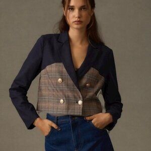 Anthropologie Dolan Corset Blazer Blue Plaid Linen Blend Size Small